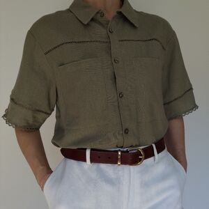 Ellen Tracy Button Front Boxy Linen Boho Shirt Blouse / Size Large